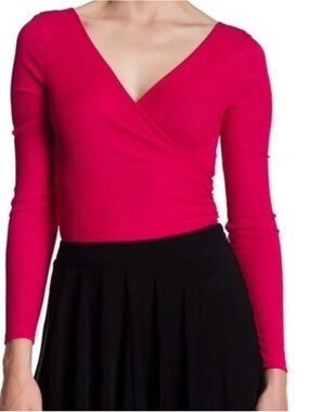 NEW Topshop Bodysuit Hot Pink Long Sleeve Crossover Ribbed Womens Size 4